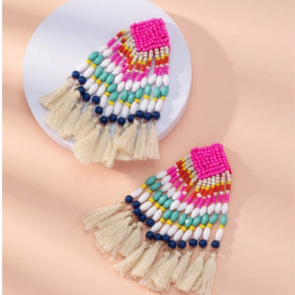 Boho Bead & Tassel Drop Earrings - Picture 5 of 5